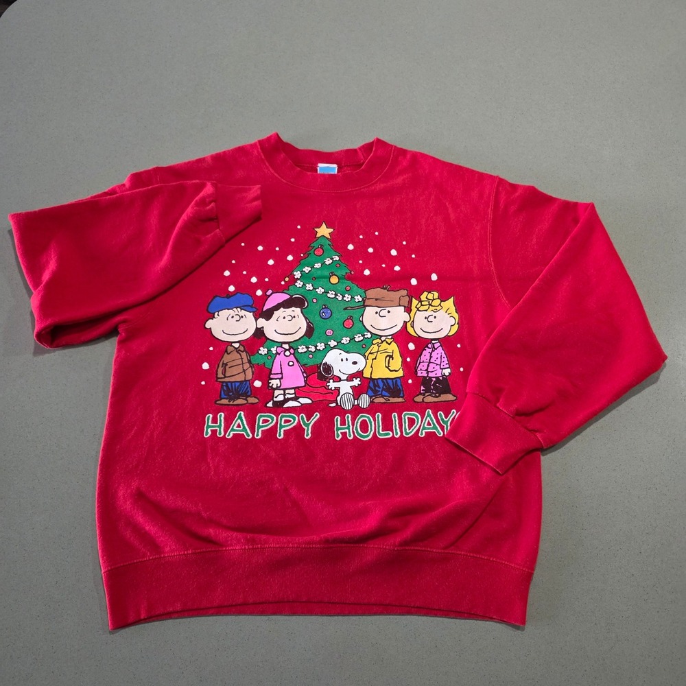 Peanuts Snoopy Charlie Brown Christmas Sweatshirt Red Happy Holidays Mens Medium
